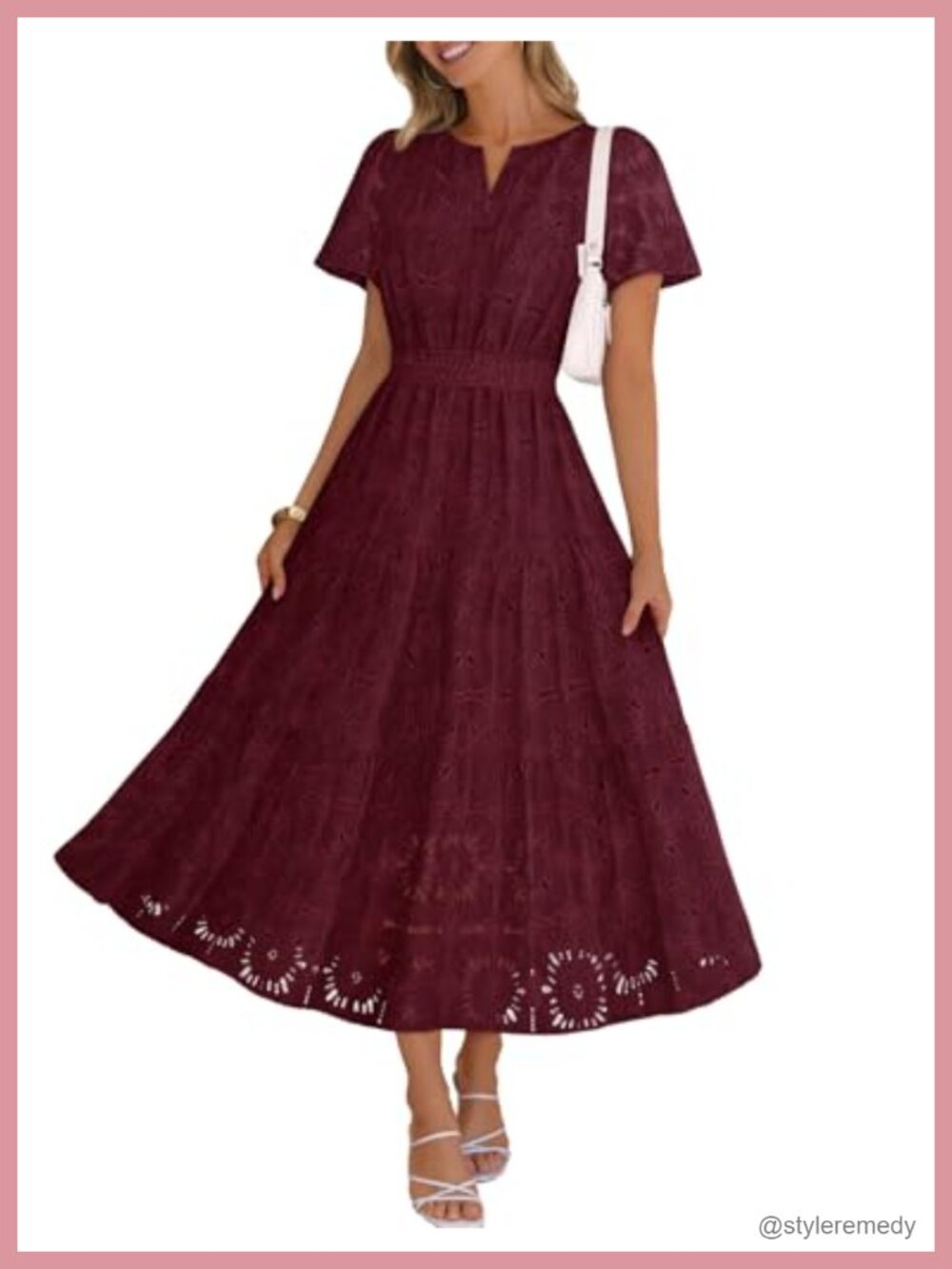 Women's Boho Floral Eyelet Lace Maxi Dress Puff Sleeve V-Neck